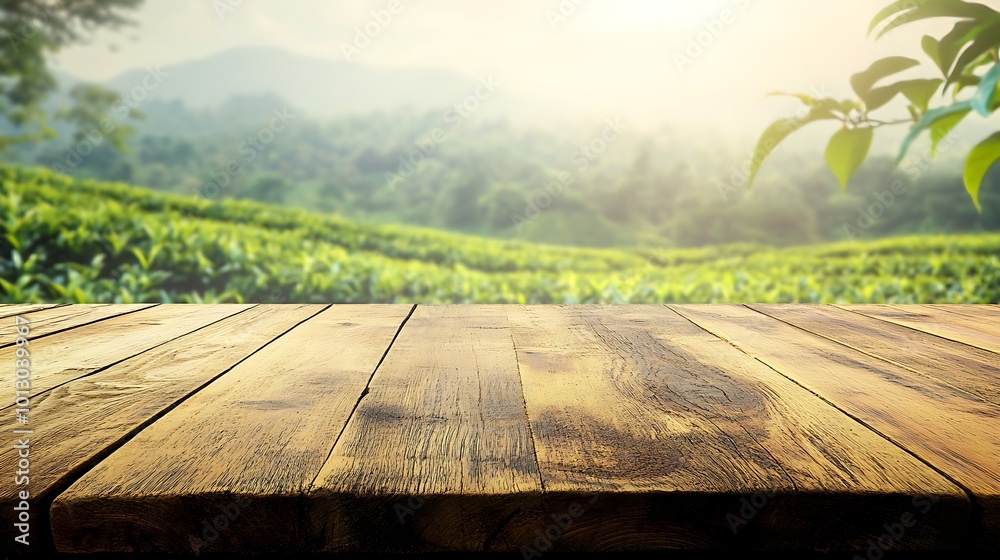 Wooden Tabletop with Blurred Background of Lush Green Tea Plantation Wooden Tabletop with Blurred Background of Lush Green Tea Plantation