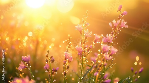 Delicate pink wildflowers glisten with dew under the warm morning light, creating a tranquil and picturesque atmosphere in nature. Generative AI