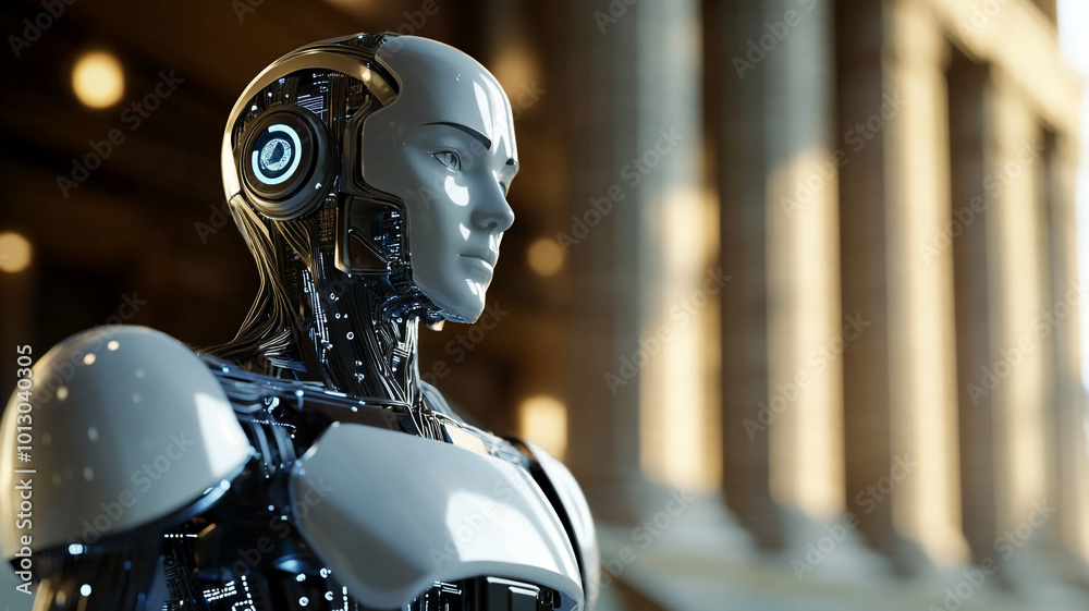 A futuristic humanoid robot on display in a modern architectural environment during daylight A futuristic humanoid robot on display in a modern architectural environment during daylight