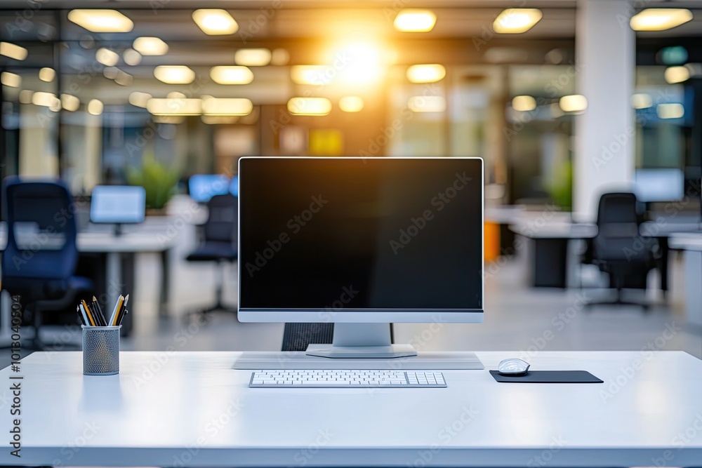 Minimalist white desk with a computer and office background, blurred business center interior in the blurred background. Mockup for design or presentation Minimalist white desk with a computer and office background, blurred business center interior in the blurred background. Mockup for design or presentation