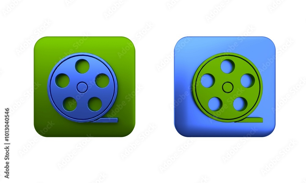 Colorful Film reel icon isolated on white background. Square button. 3D render illustration Colorful Film reel icon isolated on white background. Square button. 3D render illustration