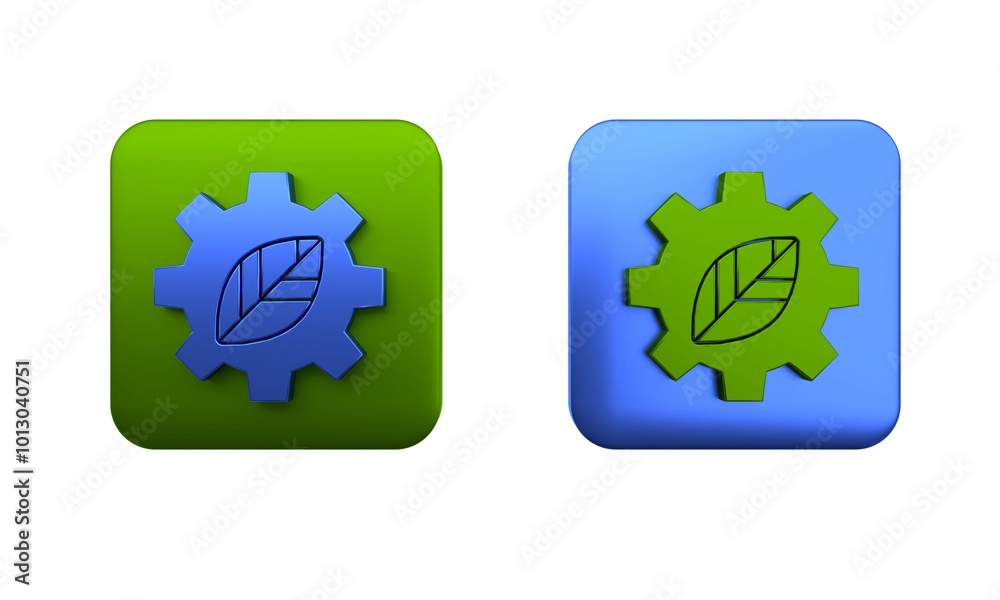 Colorful Leaf plant ecology in gear machine icon isolated on white background. Eco friendly technology. World Environment day label. Square button. 3D render illustration Colorful Leaf plant ecology in gear machine icon isolated on white background. Eco friendly technology. World Environment day label. Square button. 3D render illustration