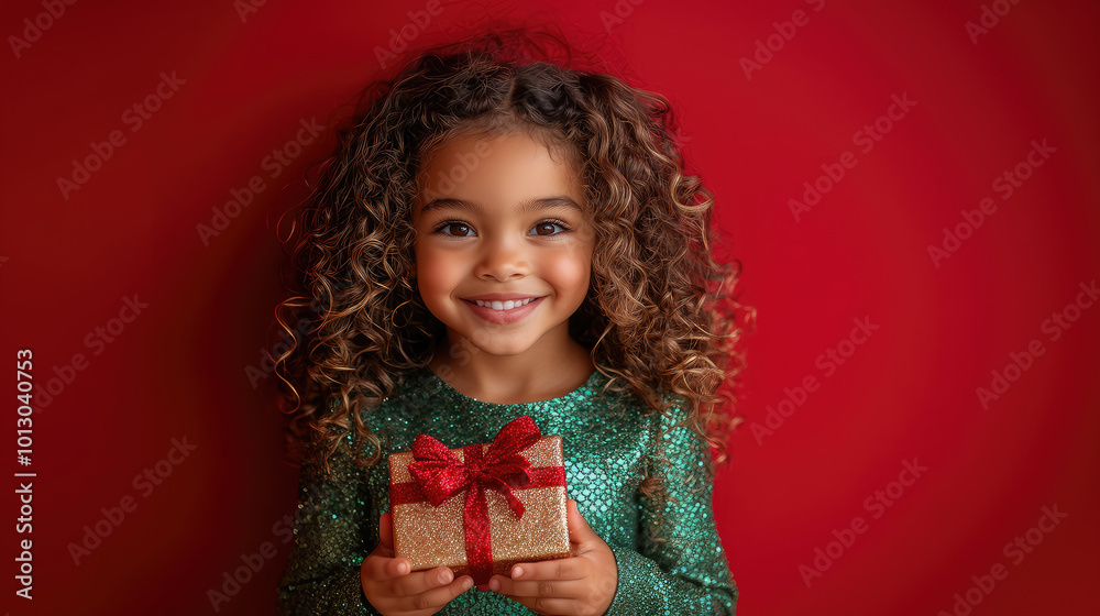 Little smiling African American girl with curls in a festive green shiny dress holds a gift box with a bow on a red background, christmas, new year, holiday, birthday, present, surprise, child, kid Little smiling African American girl with curls in a festive green shiny dress holds a gift box with a bow on a red background, christmas, new year, holiday, birthday, present, surprise, child, kid