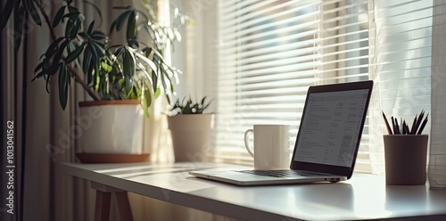 Minimalist white office desk with laptop and coffee mug on a blurred background, with space for text, representing the concept of working from home