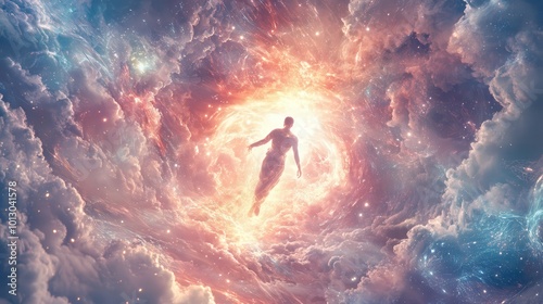 Transcendent portrayal of Enoch rising toward heaven, surrounded by whirling cosmic energies and radiant light, creating an ethereal atmosphere that conveys a sense of divine elevation and serenity 