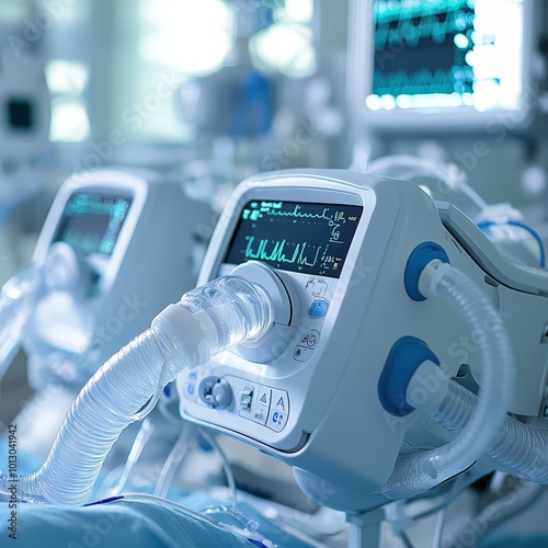 Close-up of a modern ventilator used in intensive care units to support patient breathing.