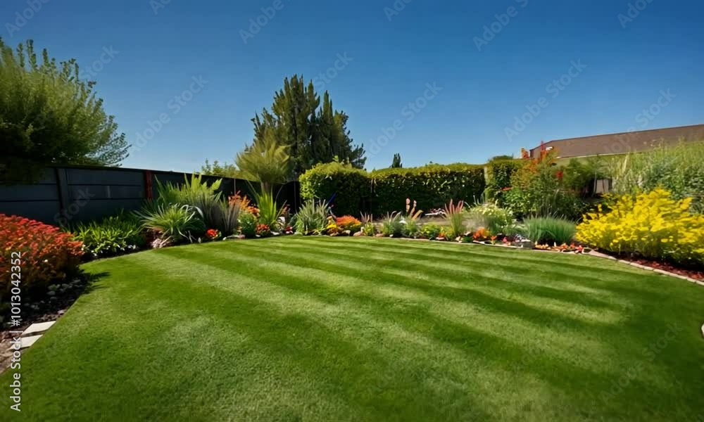 A beautiful and green courtyard in front of a luxury house 