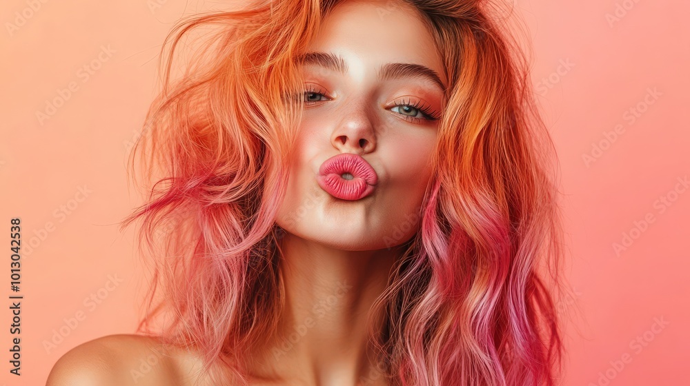 Close-up portrait of a youthful model with vibrant hair color, playfully pouting her lips and blowing kisses, showcasing her wavy hairstyle against a light coral background Close-up portrait of a youthful model with vibrant hair color, playfully pouting her lips and blowing kisses, showcasing her wavy hairstyle against a light coral background