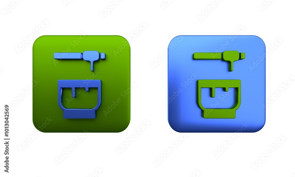 Colorful Honey dipper stick and bowl icon isolated on white background. Honey ladle. Square button. 3D render illustration Colorful Honey dipper stick and bowl icon isolated on white background. Honey ladle. Square button. 3D render illustration