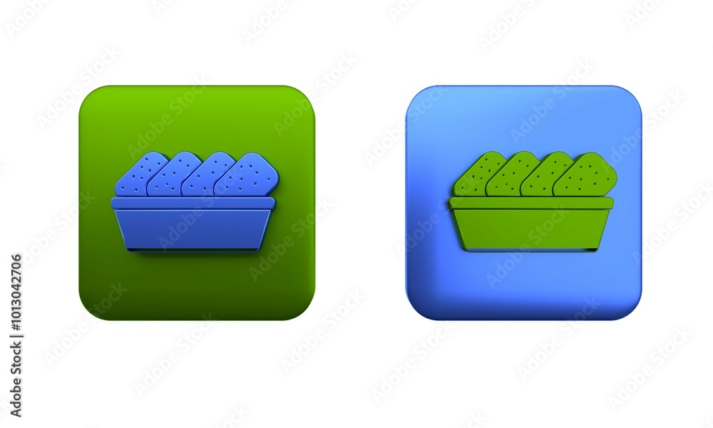Colorful Chicken nuggets in box icon isolated on white background. Square button. 3D render illustration Colorful Chicken nuggets in box icon isolated on white background. Square button. 3D render illustration