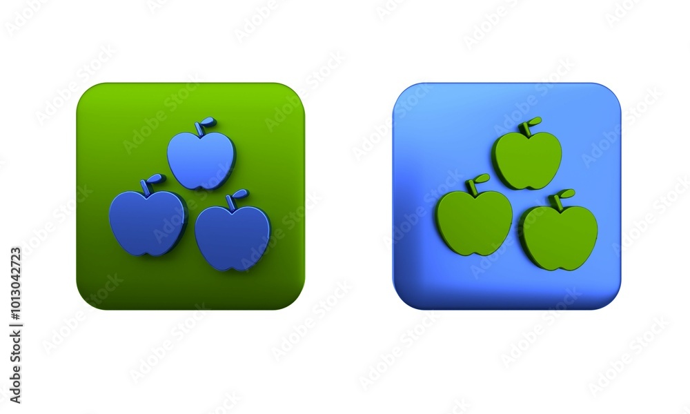 Colorful Apple icon isolated on white background. Fruit with leaf symbol. Square button. 3D render illustration Colorful Apple icon isolated on white background. Fruit with leaf symbol. Square button. 3D render illustration