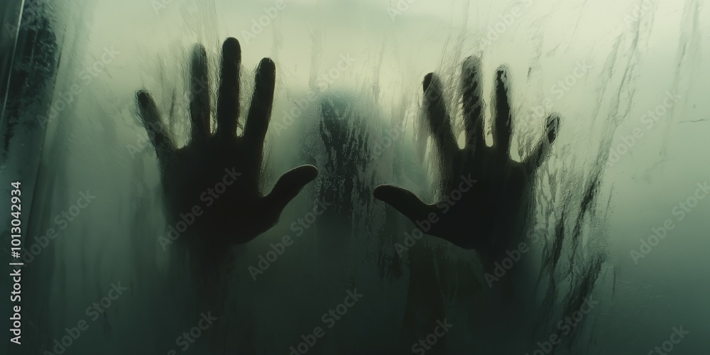 Scary image of ghostly hands pressed against foggy glass creating a haunting atmosphere
Scary image of ghostly hands pressed against foggy glass creating a haunting atmosphere