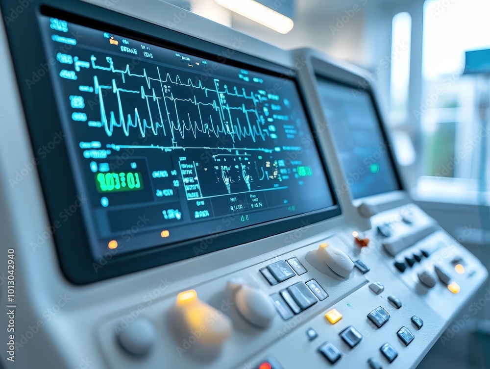 Close-up view of a modern medical monitor displaying vital signs in a hospital environment. Close-up view of a modern medical monitor displaying vital signs in a hospital environment.