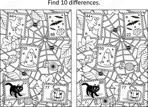 Halloween difference game with postage stamps, spiderweb and spiders, candy, falling autumn leaves, pumpkin, black cat, bats, ghosts
