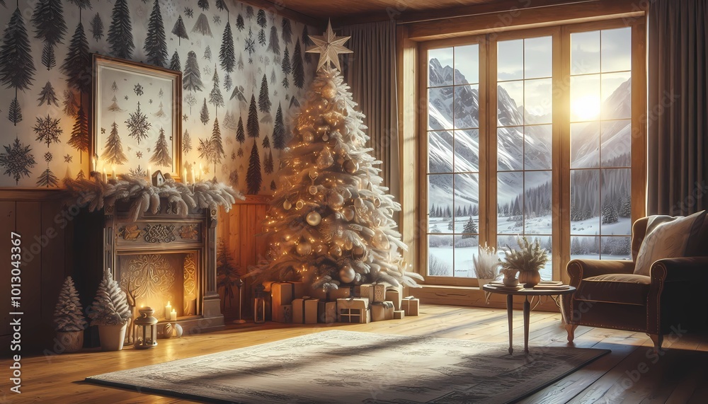 Industrial style room decorated with Christmas tree wallpaper, a large window with mountains and snow created with generative AI. Industrial style room decorated with Christmas tree wallpaper, a large window with mountains and snow created with generative AI.