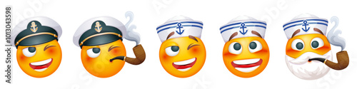 Sailor emoji on white background. Marine emoticon with sailor hat, navy cap and tobacco pipe. Set of cute emoticons