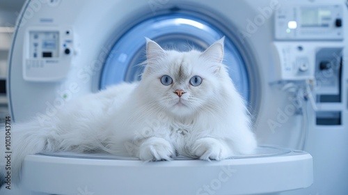 A white Persian cat lies on a CT scan table in a veterinary clinic, undergoing a detailed diagnostic procedure
