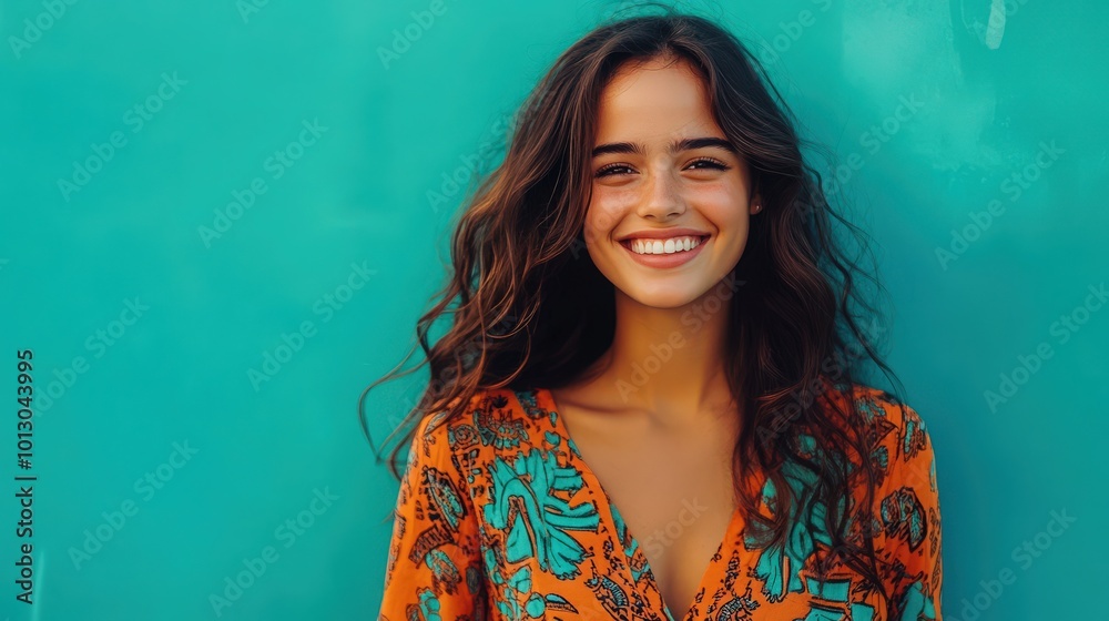 Cheerful young woman wearing a vibrant patterned top, smiling as she walks confidently against a bright turquoise background, creating a lively and inviting atmosphere Cheerful young woman wearing a vibrant patterned top, smiling as she walks confidently against a bright turquoise background, creating a lively and inviting atmosphere