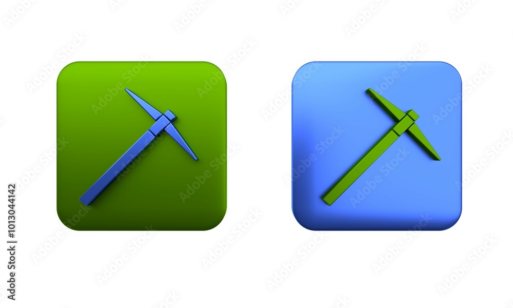 Colorful Pickaxe icon isolated on white background. Square button. 3D render illustration Colorful Pickaxe icon isolated on white background. Square button. 3D render illustration