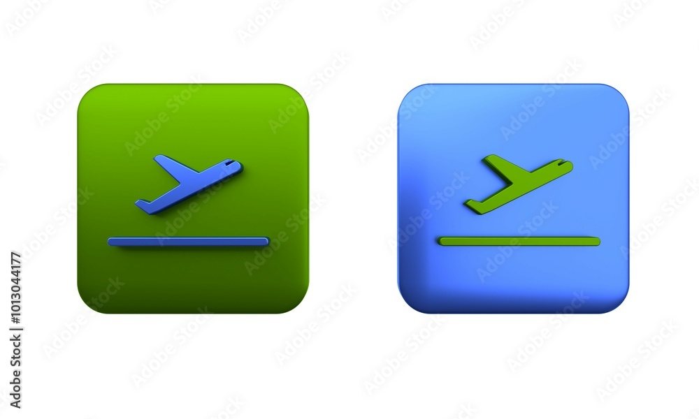 Colorful Plane takeoff icon isolated on white background. Airplane transport symbol. Square button. 3D render illustration