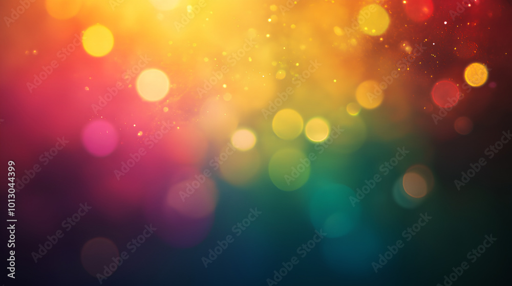 Blur colorful warm rainbow light leaks on black background with dust texture