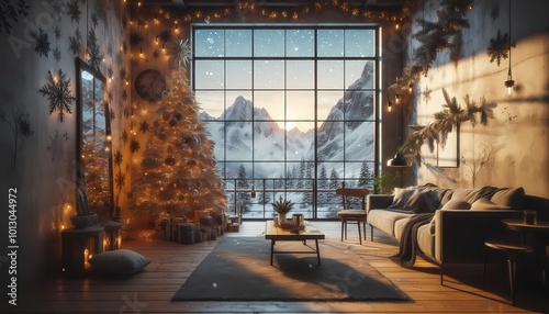An industrial style terrace decorated with Christmas tree wallpaper, with a large window with mountains and snow, created with generative AI.