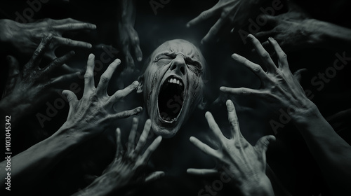 screaming ghost face surrounded by eerie reaching hands in a haunting black and white nightmare scene

