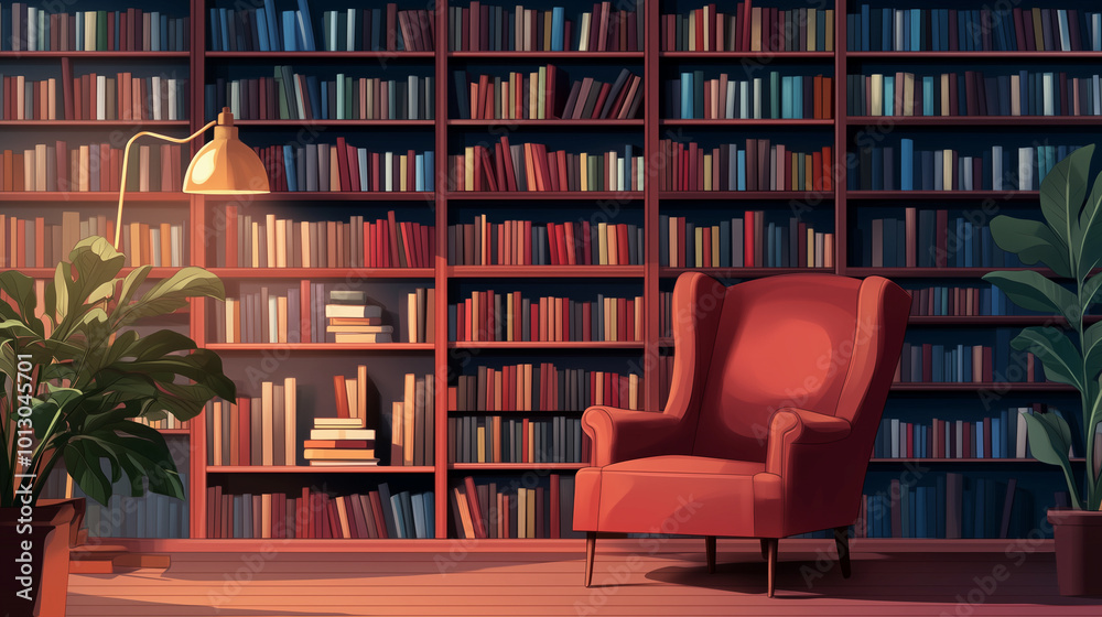 Generative AI illustration of modern library with cozy armchair and book shelves with books arranged in room with potted plant
Generative AI illustration of modern library with cozy armchair and book shelves with books arranged in room with potted plant