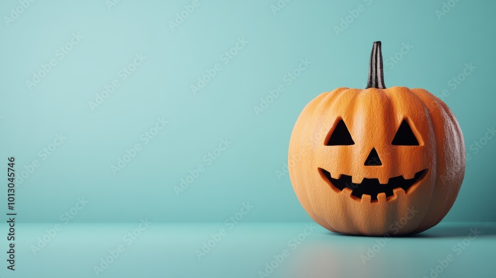 An unlit Halloween Jack O Lantern isolated on a widescreen pale blue background An unlit Halloween Jack O Lantern isolated on a widescreen pale blue background