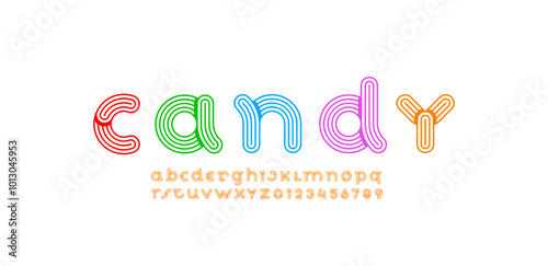 striped alphabet decorative font, letters A, B, C, D, E, F, G, H, I, J, K, L, M, N, O, P, Q, R, S, T, U, V, W, X, Y, Z and numerals 0, 1, 2, 3, 4, 5, 6, 7, 8, 9, vector illustration 10EPS