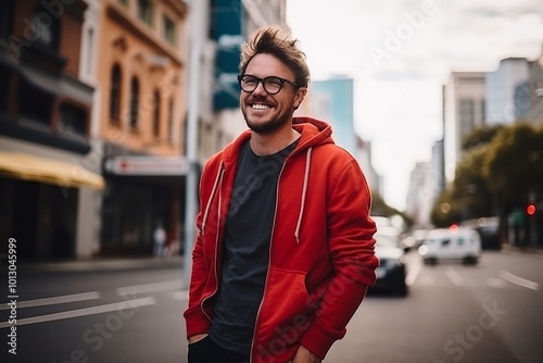 Portrait of a handsome young man in red jacket and eyeglasses on the street