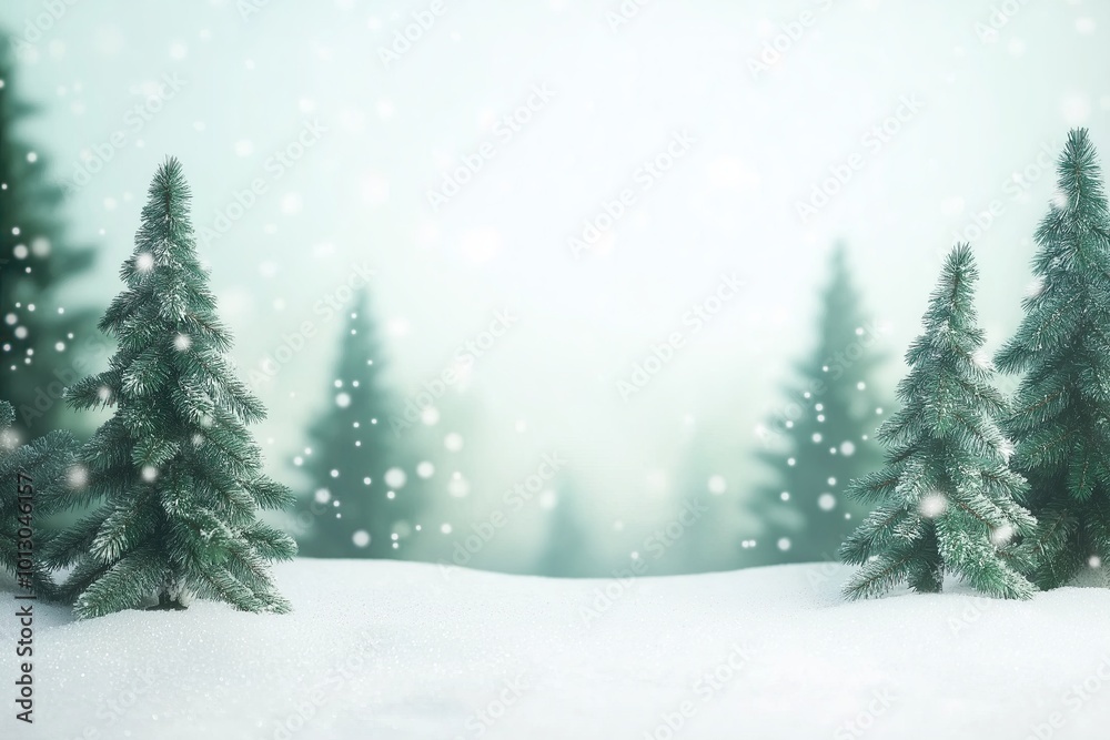 Snowy background with Christmas trees and open space for text. A snow-covered field with snowflakes falling softly, creating a peaceful and serene winter atmosphere Snowy background with Christmas trees and open space for text. A snow-covered field with snowflakes falling softly, creating a peaceful and serene winter atmosphere