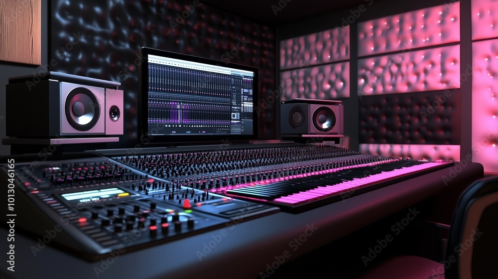Empty professional studio used in music industry for producing tracks, mixing console and technical equipment in control room. Electronic panel board with sliders and buttons, daw software.
Empty professional studio used in music industry for producing tracks, mixing console and technical equipment in control room. Electronic panel board with sliders and buttons, daw software.