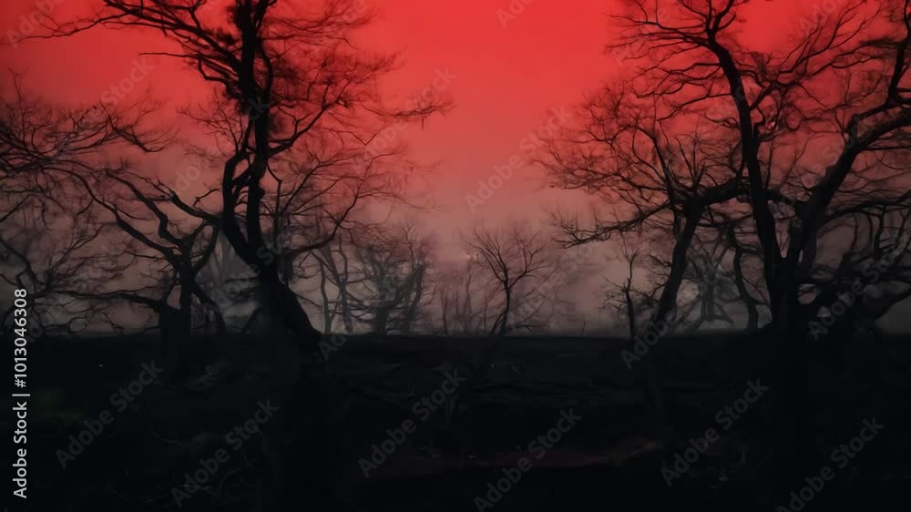 Dark, gnarled tree branches against a red sunset sky, with roots spreading out in the foreground. Dark, gnarled tree branches against a red sunset sky, with roots spreading out in the foreground.