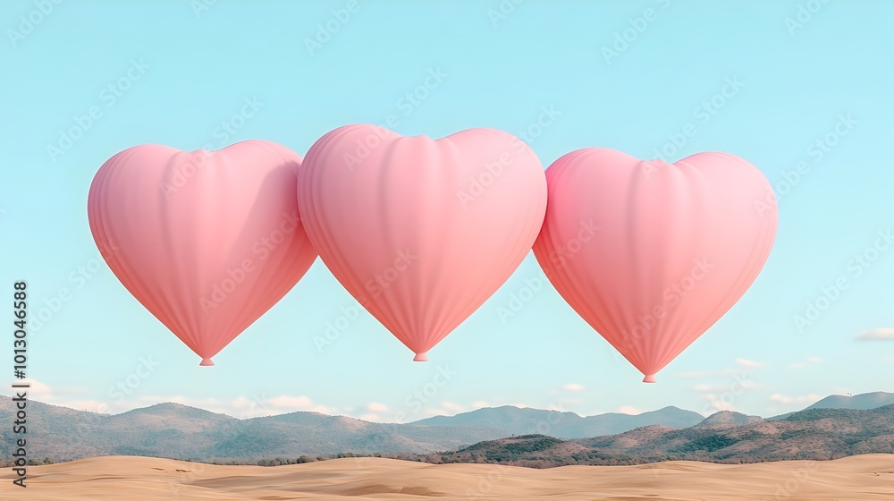 Fototapeta premium Ethereal Heart Shaped Balloons Floating over Serene Pastel Landscape