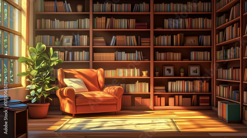 Generative AI illustration of modern library with cozy armchair and book shelves with books arranged in room with potted plant 