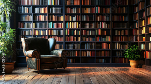 Generative AI illustration of modern library with cozy armchair and book shelves with books arranged in room with potted plant 