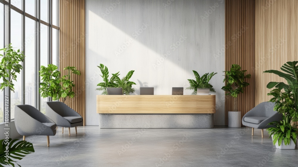 Stylish hotel reception with gray seating, wooden and white walls, concrete flooring, plant pot accents, and wood details, bright clear windows Stylish hotel reception with gray seating, wooden and white walls, concrete flooring, plant pot accents, and wood details, bright clear windows
