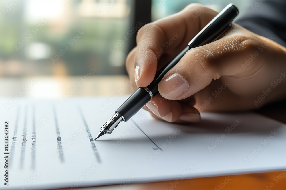 Close up of a hand signing a document with a pen. Close up of a hand signing a document with a pen.