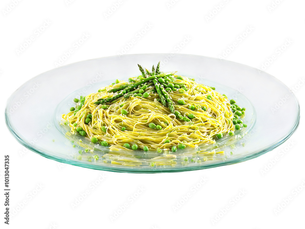 Spring pasta linguine with asparagus peas and lemon zest served on a transparent glass plate Spring pasta linguine with asparagus peas and lemon zest served on a transparent glass plate