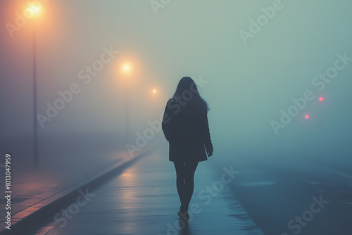 Silhouette of a woman walking alone on a foggy street at night.