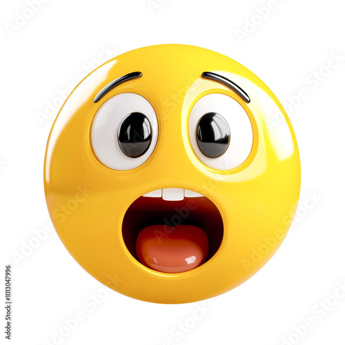 Emoji 3D astonished face with open eyes, raised eyebrows, and an open mouth, as if gasping in shock or surprise smiley emoticon, isolated on transparent background, png cutout. 