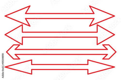 Horizontal dual sided long straight arrow signs. Black, red, stock pointer, direction, position symbol and double arrow icon isolated on white background. Vector graphic illustration