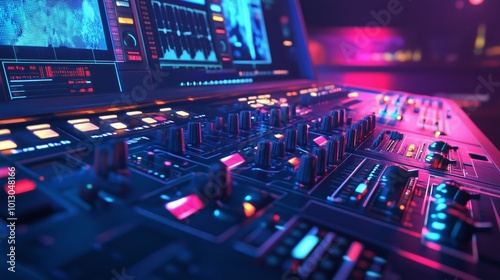 Empty professional studio used in music industry for producing tracks, mixing console and technical equipment in control room. Electronic panel board with sliders and buttons, daw software.
