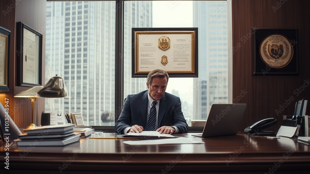 A lawyer is deeply engaged in discussion with a client at a modern office desk, emphasizing legal matters and strategies. Generative AI A lawyer is deeply engaged in discussion with a client at a modern office desk, emphasizing legal matters and strategies. Generative AI