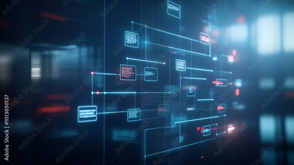 Abstract digital interface representing data flow in a futuristic technology environment Abstract digital interface representing data flow in a futuristic technology environment
