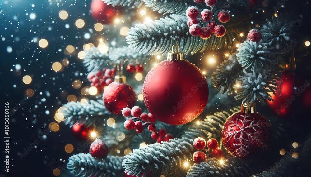 christmas tree and decorations, Elegant Red Christmas Baubles on Frosted Pine Branches with Sparkling Lights and Snow - Festive Holiday Decoration Background for Winter Celebrations Created A.I genera christmas tree and decorations, Elegant Red Christmas Baubles on Frosted Pine Branches with Sparkling Lights and Snow - Festive Holiday Decoration Background for Winter Celebrations Created A.I genera