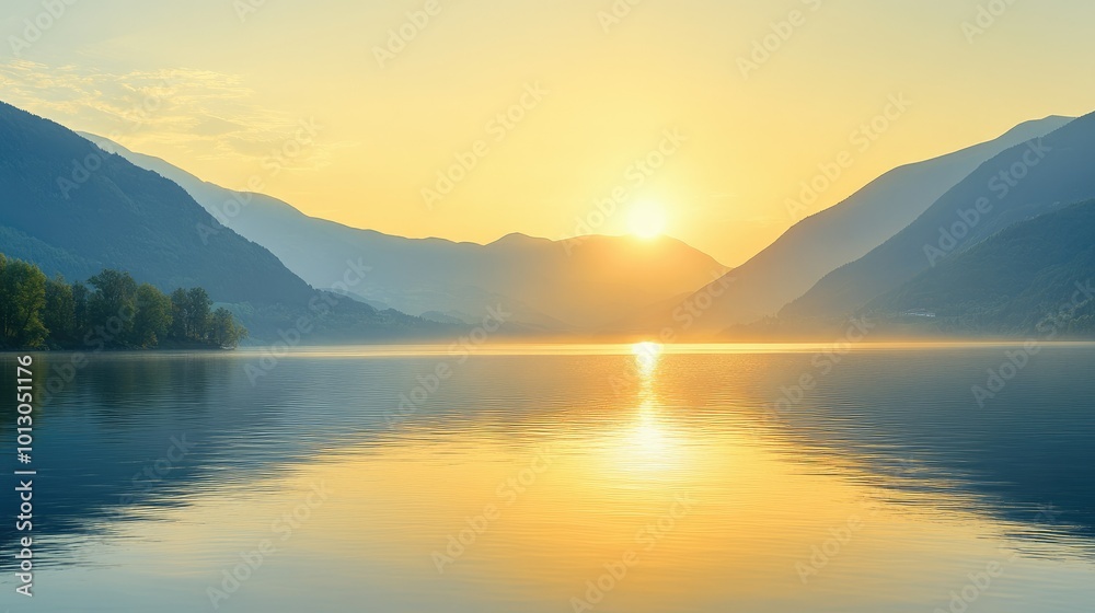 Serene Sunset Over Tranquil Lake and Mountains Serene Sunset Over Tranquil Lake and Mountains