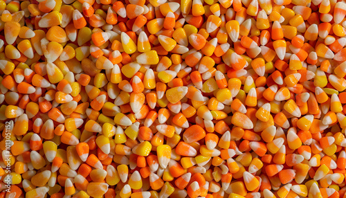 Delicious candy corns as background, top view