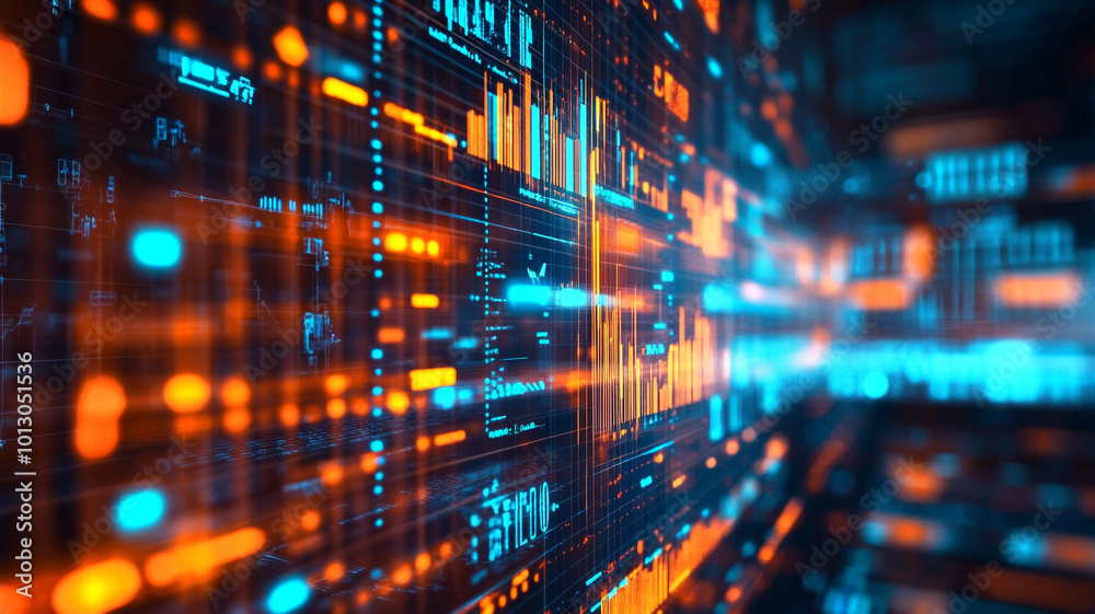 Dynamic digital visualization showcasing data flow through vibrant blue and orange patterns